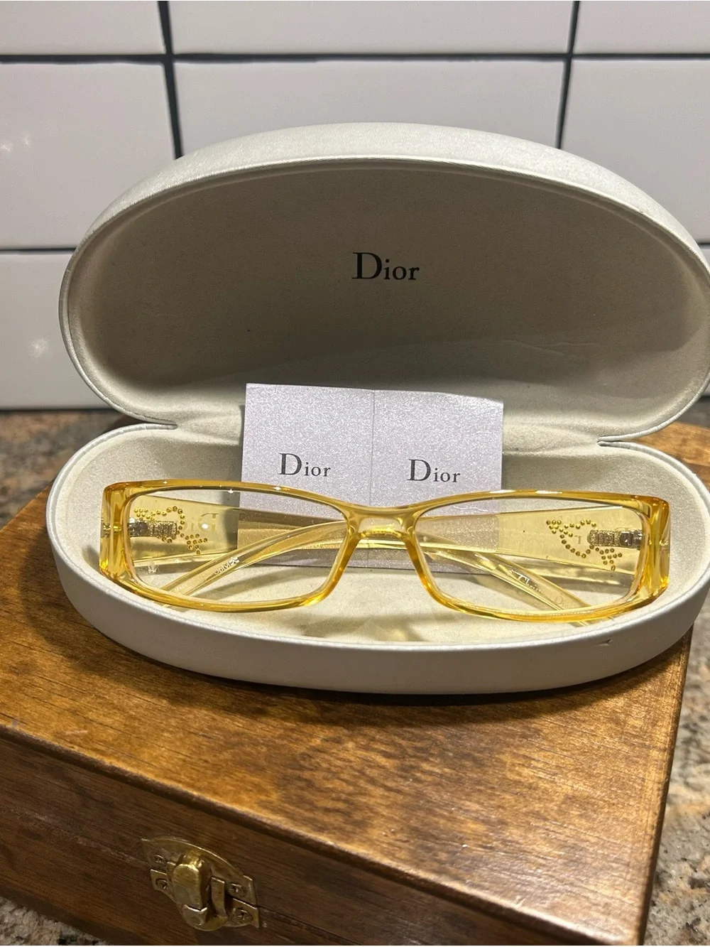 Dior Yellow Y2K Glasses w/Case Rhinestone design on frame
